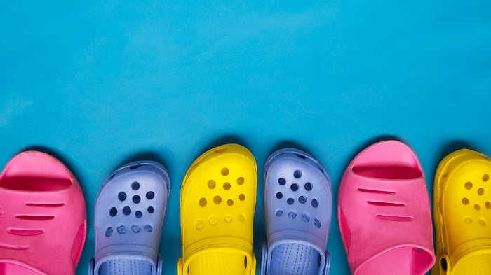 Plastic clogs in various colors.