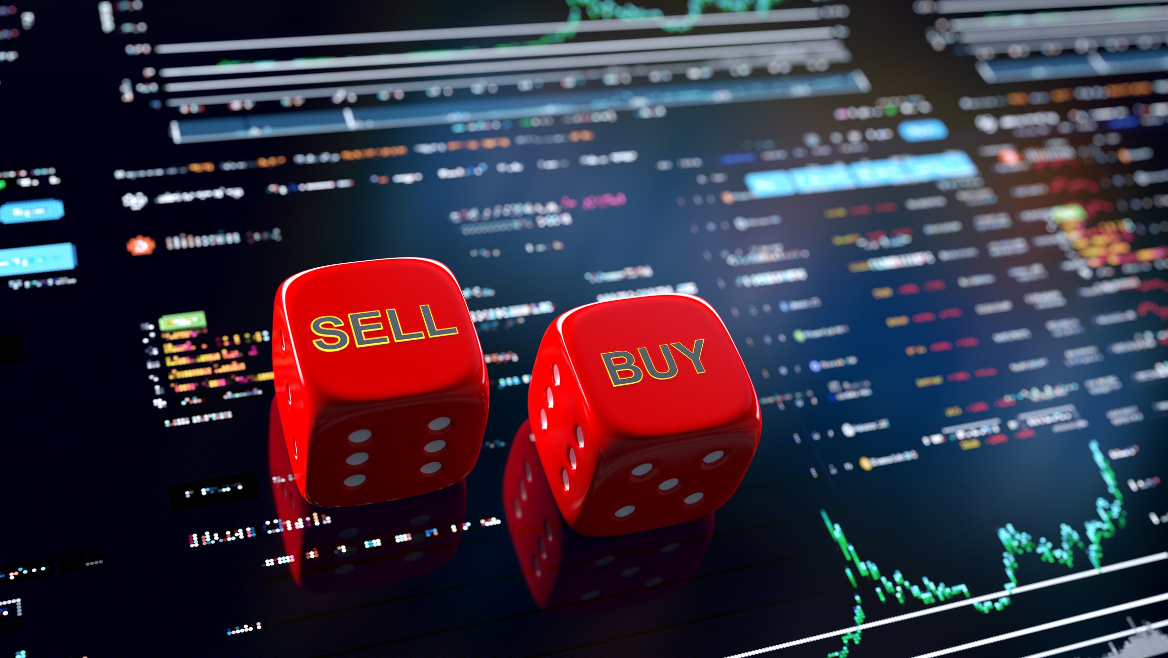 Business graph and charts sell or buy dice gambling
