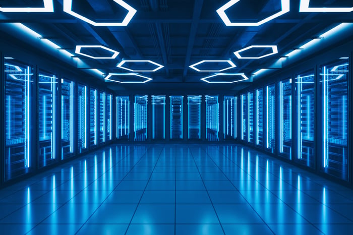 A server room in blue light. 