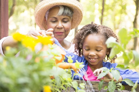Adult and child watering plants in a garden.