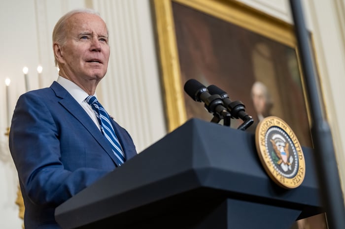 President Joe Biden standing before a podium.
