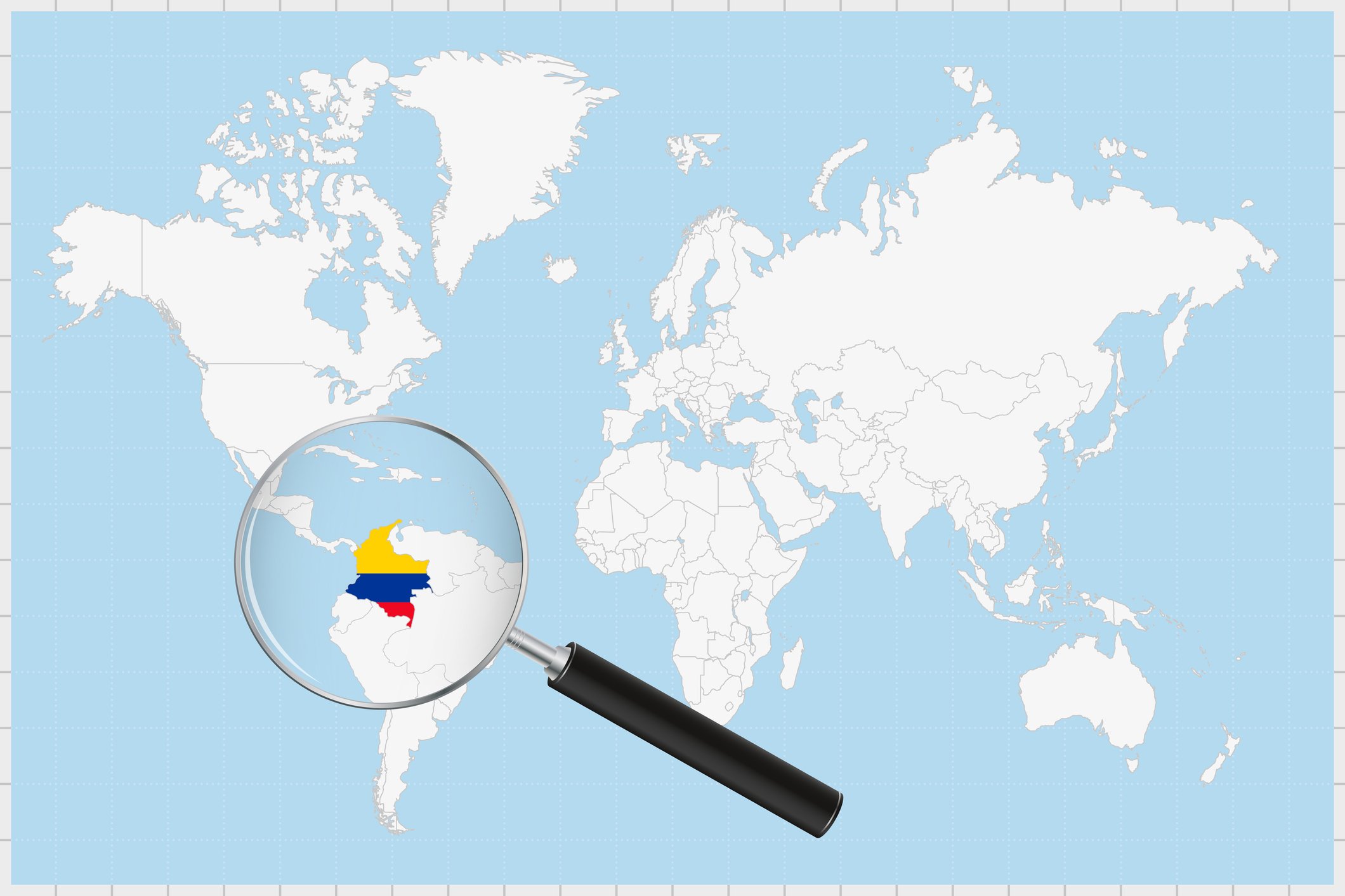 Map of Colombia under a magnifying glass in flag's colors.