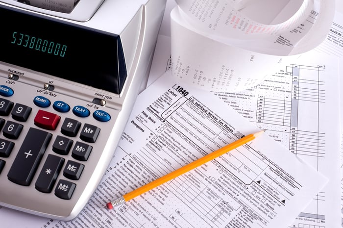 An adding machine and pencil sitting on top of tax form 1040.
