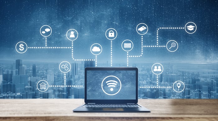 A laptop with a Wi-Fi signal is connected by several dotted lines.