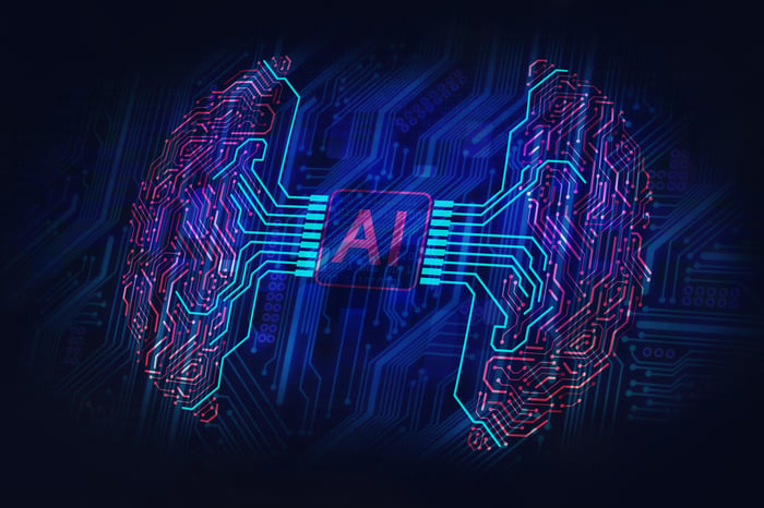 Two halves of a digital brain connected by an AI chip in the center.