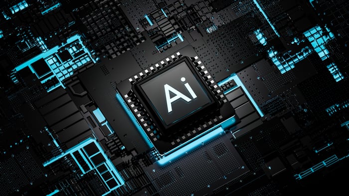 A digital render of a circuit board with a chip in the center, inscribed with the letters AI.