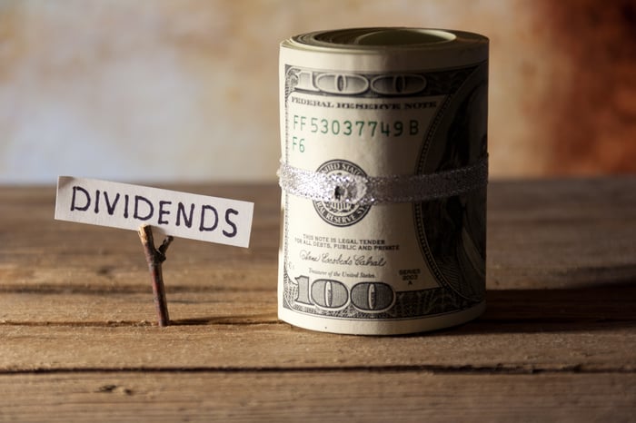 A sign with the word DIVIDENDS next to a money roll.