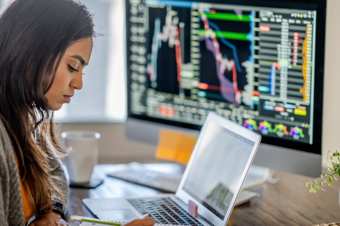 Someone looking at a laptop with a large stock chart on a monitor.