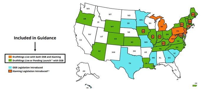 Map showing legalization of sports betting in the U.S.