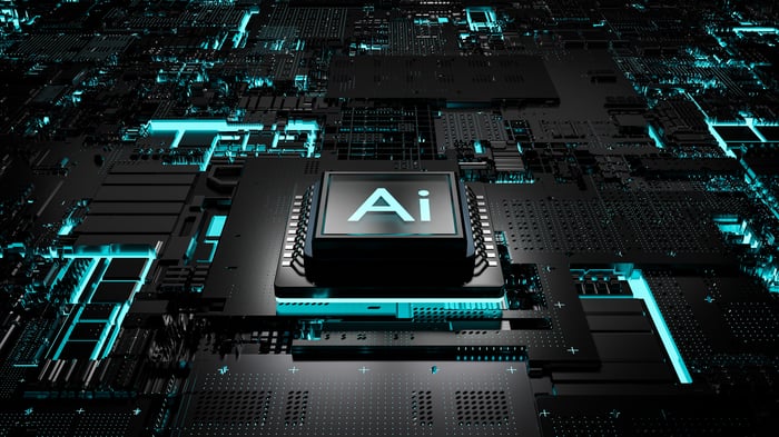 Semiconductor chip labeled Ai in a motherboard.