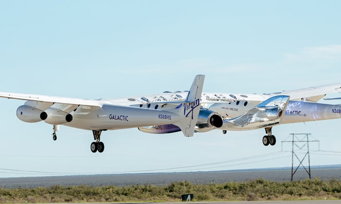 The outside view of a Virgin Galactic spacecraft taking off.