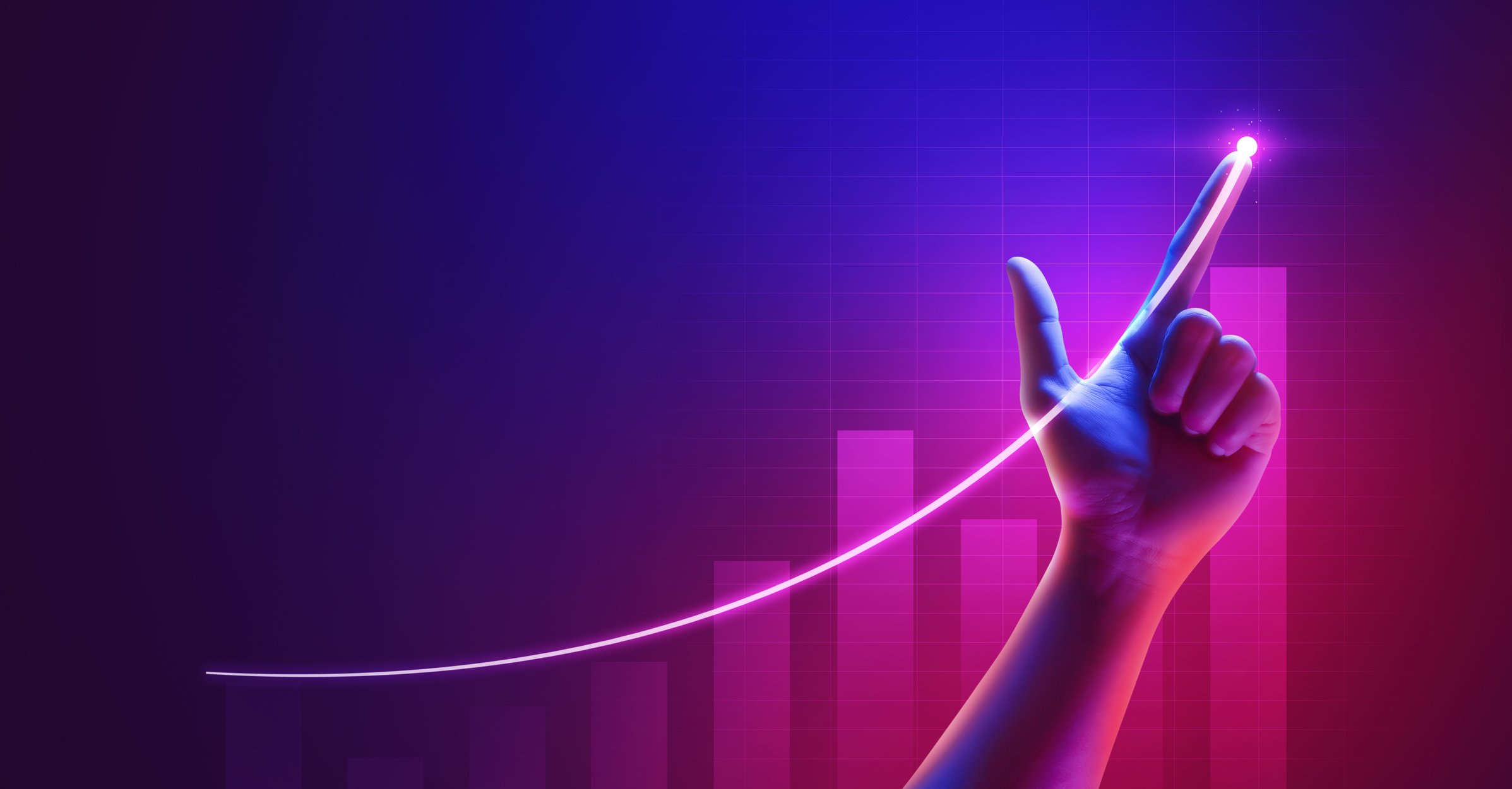 A finger pointing as a graph and chartline move upwards.