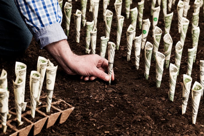 Dozens of $1 bills planted into soil like seedlings, with a hand reaching down to plant one.