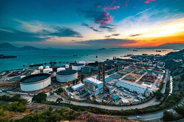 Oil and gas infrastructure and storage facilities at a port.