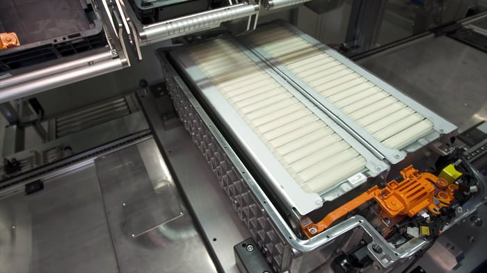 An image of an electric-vehicle battery on an assembly line.