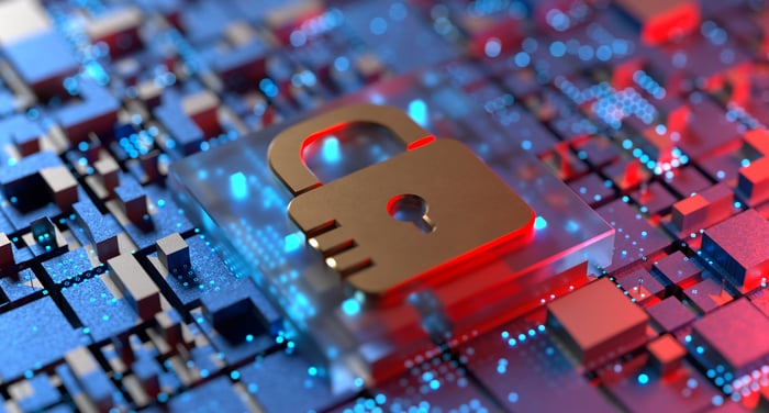 A digital illustration of a padlock on a circuit board.