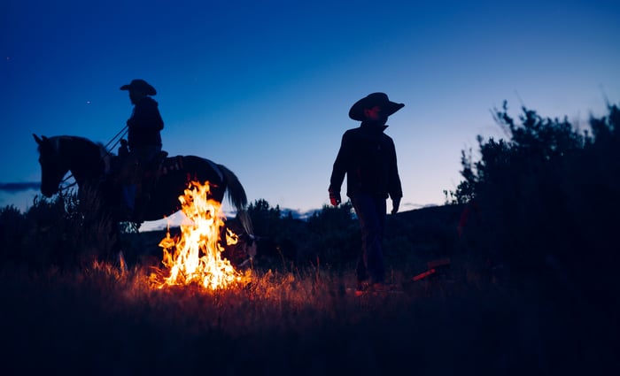 Two cowboys and a horse in silhouette around a campfire.