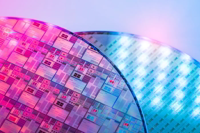 Silicon wafers used for manufacturing semiconductors.