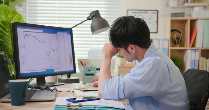 A person sits at a desk while reviewing a stock chart on a computer.