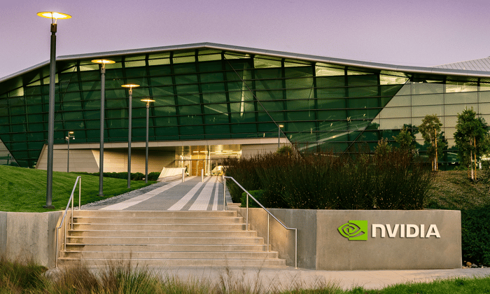 nvidia headquarters with grey nvidia sign in front with nvidia logo.