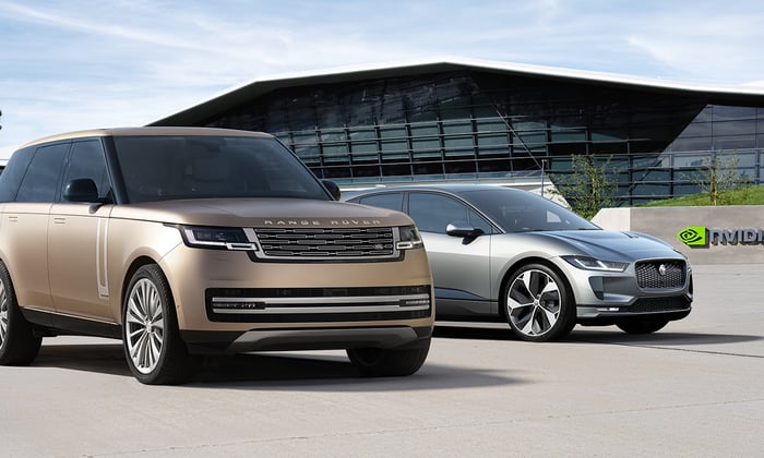 range rover and jaguar cars in front of nvidia headquarters.