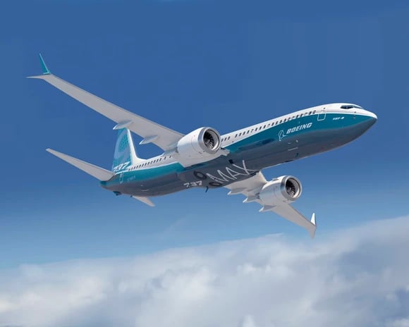 A Boeing 737 Max jetliner in midflight.