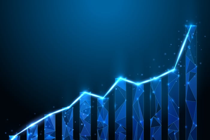 Growth chart with upward arrow.
