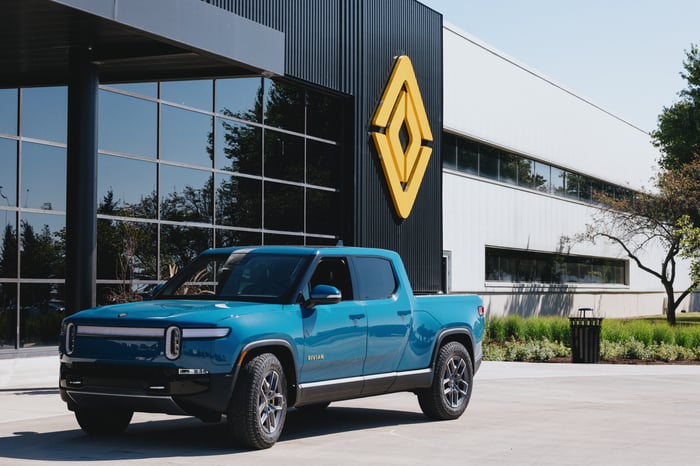 A Rivian pickup truck at its plant in Normal, Illinois.