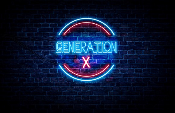 Neon red and blue sign on brick wall reads: Generation X.