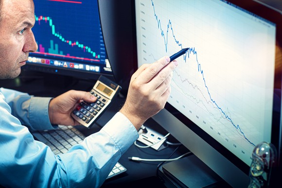 A money manager using a pen and calculator to analyze a stock chart displayed on a computer monitor.