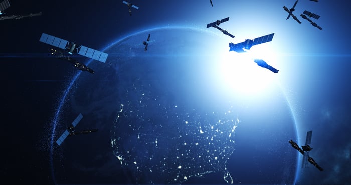 Satellites orbiting Earth.