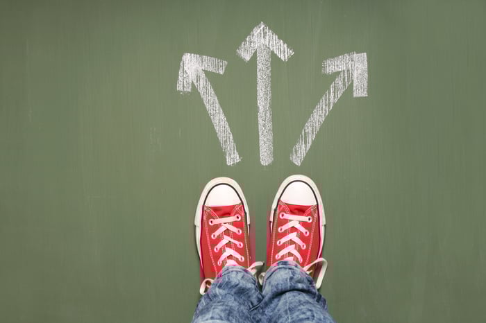 Someone's feet with three arrows in front of them pointing different ways.