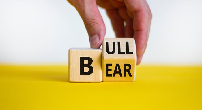 Wooden blocks spelling out bull and bear.
