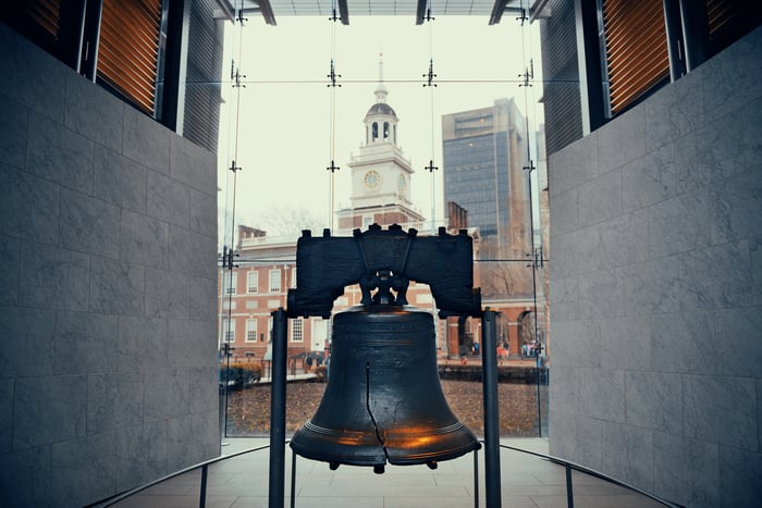 The Liberty Bell is shown, in Philadephia.