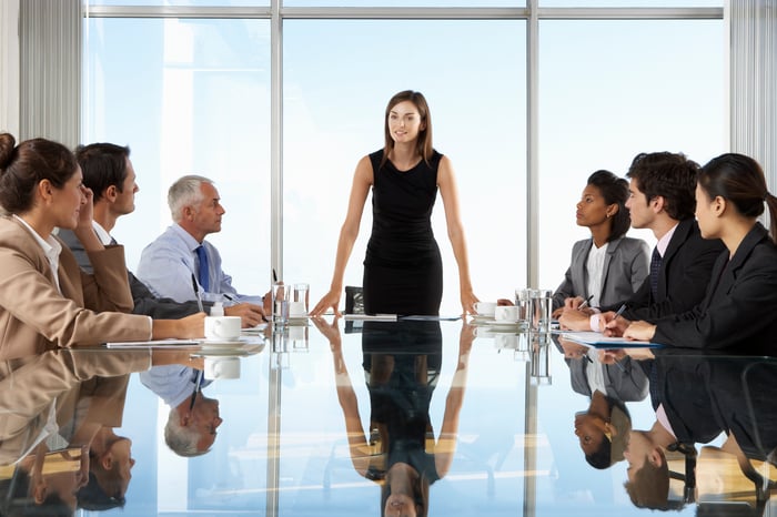 Someone standing at the head of a table and talking during a board of directors meeting.