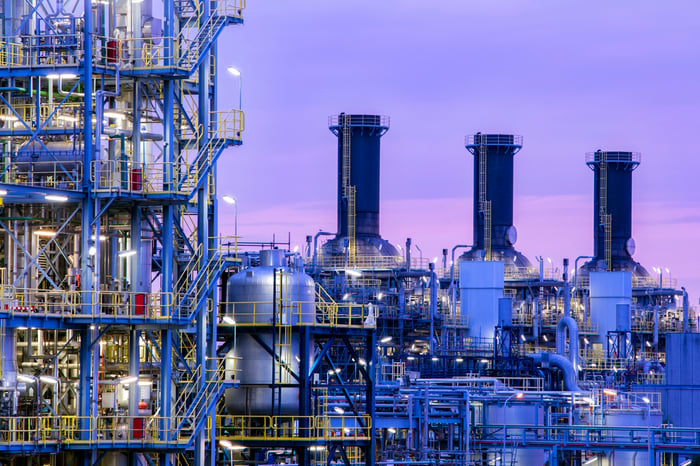 A chemical plant at dusk.