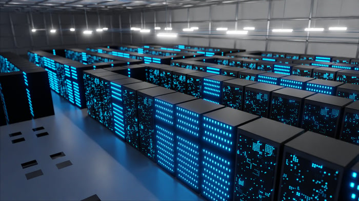 Server racks inside of a data center.