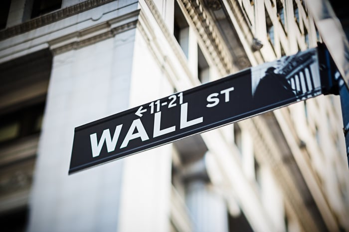 The Wall St. street sign near the New York Stock Exchange.