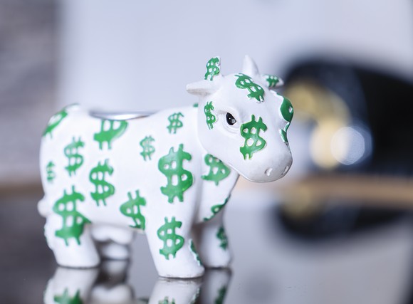 Bull piggy bank with dollar signs on it.