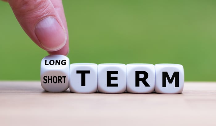 Fingers flipping over die to spell out long term.