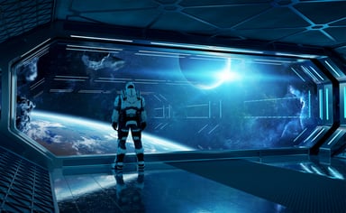 Astronaut looking at Earth out of a huge window on a space station