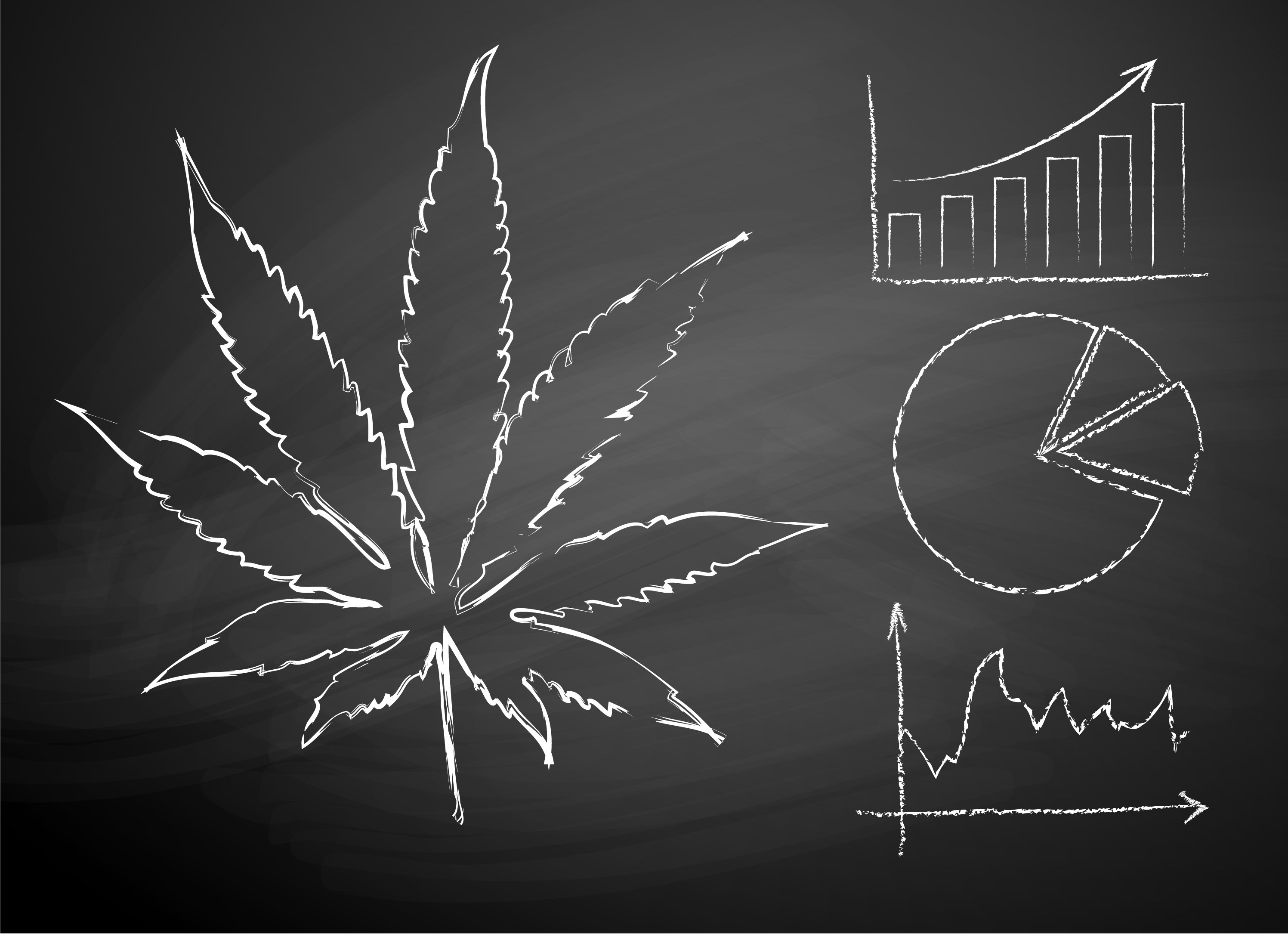 Chalboard drawings of a marijuana leaf with accompanying stock, bar and pie charts.