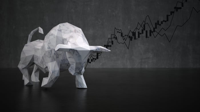 A marble bull figurine with a stock chart in the background.