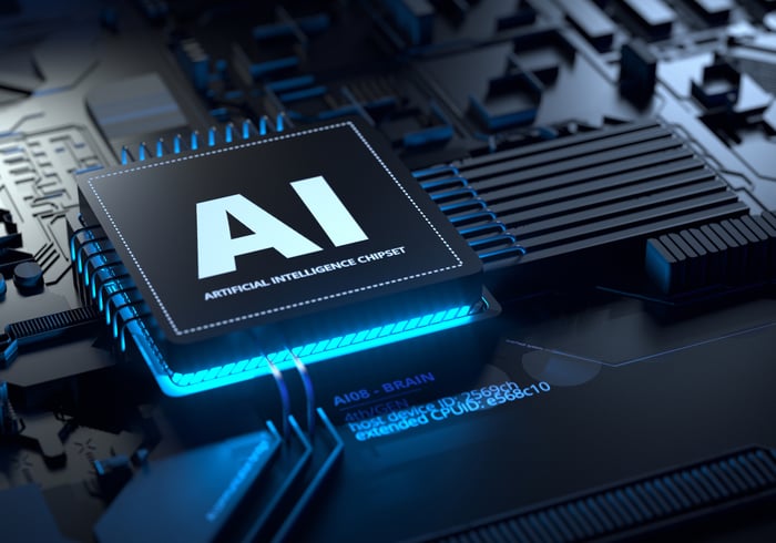An artificial intelligence chip emitting a blue glow.
