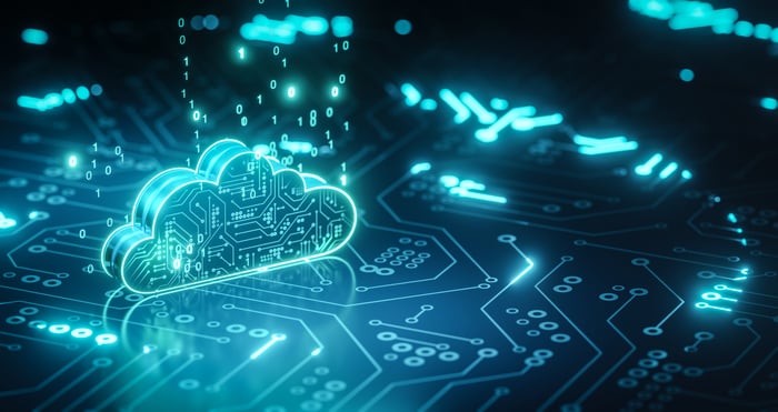 An illustration of a cloud icon on a circuit board.