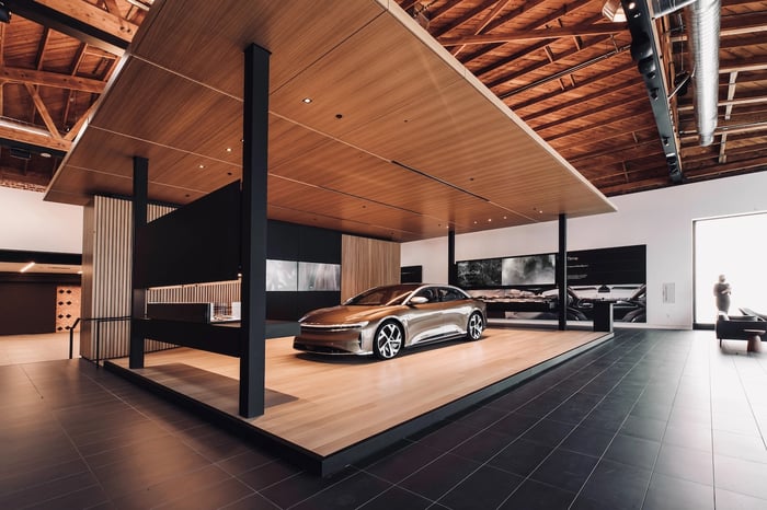 A car in a showroom.