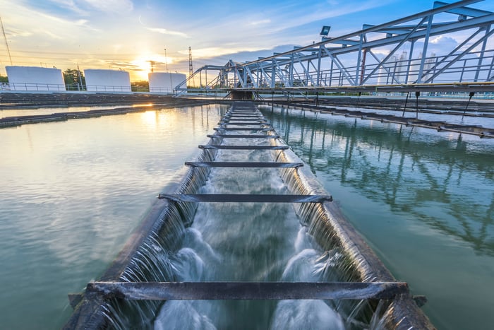 Water and various infrastructure at a plant.