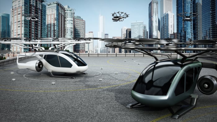 Flying EV taxis in a city
