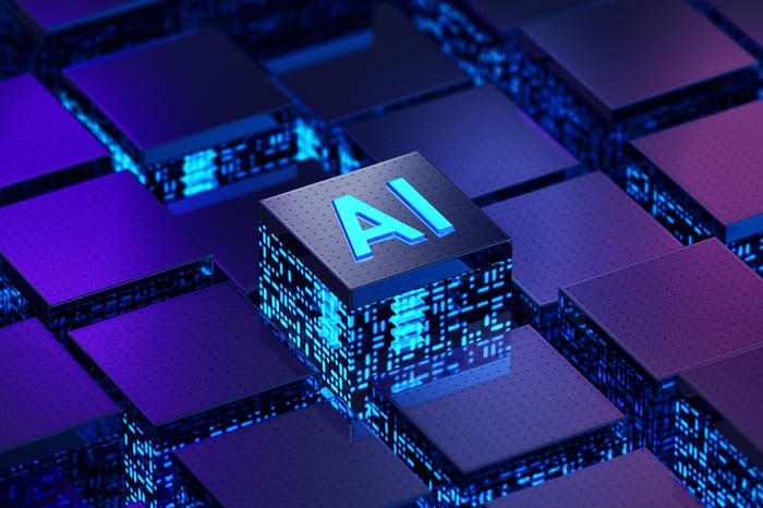 A blue AI chip on a motherboard.