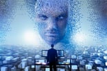 AI face looming over a man at a computer screen